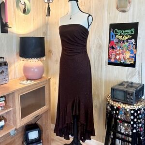 Vintage Women's Medium Brown Sparkle Stretch Strapless Asymmetrical Maxi Dress